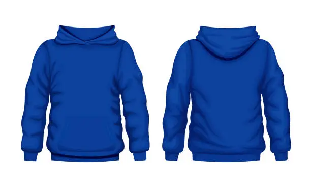 Vector illustration of Blue hoodie front and back views. Sweater cotton hooded fashion sweatshirt for everyday wear.