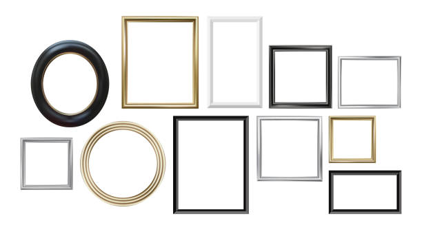 ilustraciones, imágenes clip art, dibujos animados e iconos de stock de conjunto de diferentes marcos de fotos aislados sobre fondo blanco. oro, plata, madera - marco