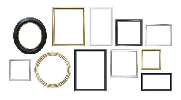 Vector illustration of Set of different picture frames isolated on white background. Gold, silver, wood