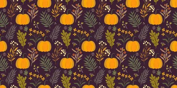 Vector illustration of Thanksgiving Autumn decorative seamless pattern with pumpkins