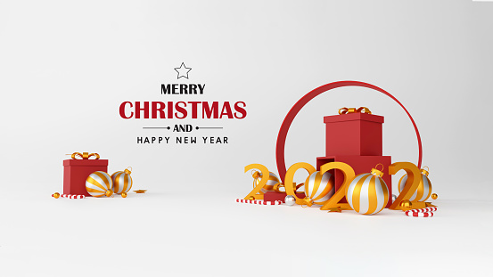 Christmas and happy new year decorations with a red gift box, golden silver ball and golden star on white background. 3d illustration