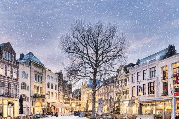 Photo of The central historic square Plaats during winter with bars and restaurants decorated with christmas lights in the city center of The Hague, The Netherlands