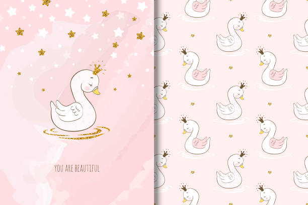 ilustrações de stock, clip art, desenhos animados e ícones de beautiful princess swan cartoon character, card and seamless pattern. graphic for kids - swan princess cartoon crown