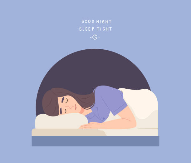 Young female comfy sleeping with "Good Night Sleep Tight" message. Healthy sleeping. Healthy sleeping. Concept of sleep well at night, healthy lifestyle, comfortable relaxation. Flat vector illustration character. bedtime stock illustrations