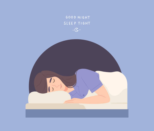 Young female comfy sleeping with "Good Night Sleep Tight" message. Healthy sleeping. Healthy sleeping. Concept of sleep well at night, healthy lifestyle, comfortable relaxation. Flat vector illustration character. going to bed cartoon stock illustrations