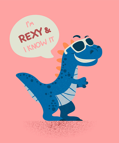I am Rexy and I Know It. Dinosaur Tirannosaur Tirex. Cartoon T-Rex. Card for a Child. Vector Cute and Funny Cartoon Hand Drawn Dinosaur with Sunglassess, Children s Illustration, Print for Kids