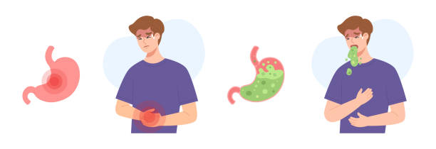 ilustrações, clipart, desenhos animados e ícones de homem doente com sintomas de dor de estômago. dor de estômago e vômito por causa de intoxicação alimentar. - intoxicação de substâncias