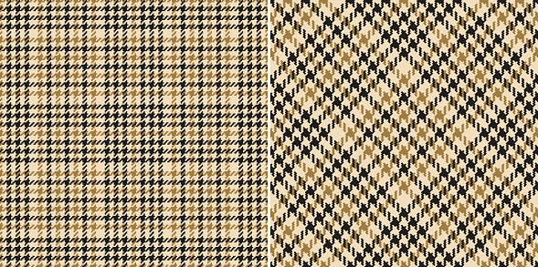 Tweed check plaid pattern in gold brown, beige, black. Seamless pixel textured neutral houndstooth tartan check background for dress, jacket, scarf, other modern spring autumn winter fashion textile.