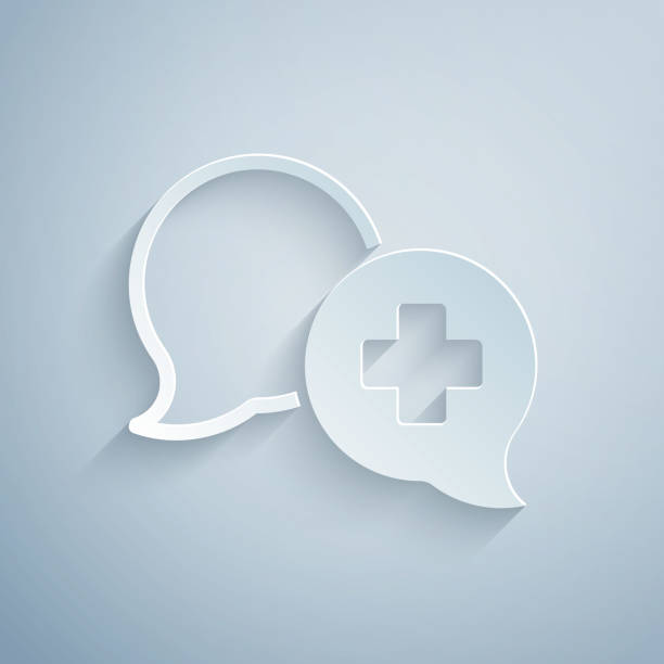 Paper cut Dialogue with the doctor icon isolated on grey background. Doctor and patient dialog. Consulting about medical health services. Paper art style. Vector Paper cut Dialogue with the doctor icon isolated on grey background. Doctor and patient dialog. Consulting about medical health services. Paper art style. Vector. medicine stock illustrations