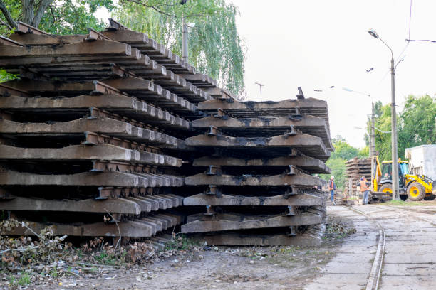 istock Old unusable concrete sleepers with rails 1343293783