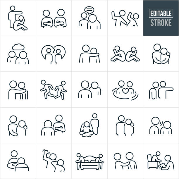 Unhappy Relationships Thin Line Icons - Editable Stroke A set of unhappy relationships icons that include editable strokes or outlines using the EPS vector file. The icons include couples fighting, a man telling his wife to leave, a couple angry at one another with arms folded, companion verbally abusing partner, spouse hitting spouse, domestic violence, spousal abuse, partners unhappy and sad after argument, broken relationship, person with arm around sad partner, couple sitting with head in hands and backs towards each other, spouse with arm on shoulder of partner, couple running away from one another, couple sinking, married couple arguing with one another, sad couple, couple sitting at opposite ends of the bed upset at one another, spouses verbally abusing one another and other related icons. wife stock illustrations