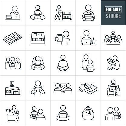 A set library icons that include editable strokes or outlines using the EPS vector file. The icons include people a librarian with a stack of books at the check-out counter, student studying at table in library, librarian push a cart of books, librarian holding a stack of books, open book, rack of books, person holding a book out, student at laptop at library, a study group at a table on laptop computers, three librarians facing viewer, student studying late at the library, librarian helping person on computer, person reading book, library, student with backpack, scanner checking out library book, person in chair on laptop, person in library chair reading book, two students at table with book, backpack and other related icons.