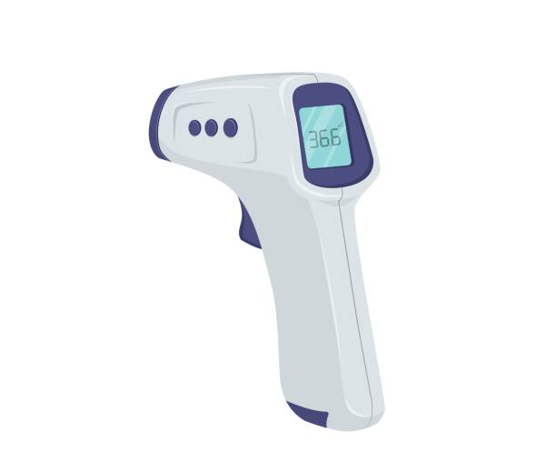 ilustrações de stock, clip art, desenhos animados e ícones de electronic temperature meter. white laser medical device with digital thermometer checking thermal surges in case coronavirus. - termómetro digital