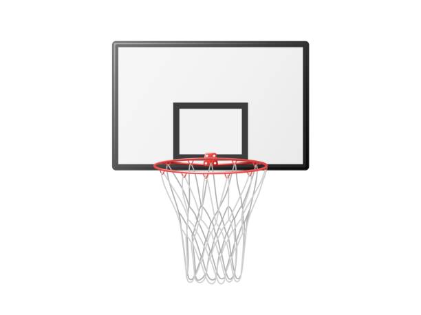 illustrazioni stock, clip art, cartoni animati e icone di tendenza di basket da basket su appunti di backboard. elemento essenziale del gioco attivo con cerchio in metallo rosso e rete bianca appesa. - basketball slam dunk basketball hoop sport