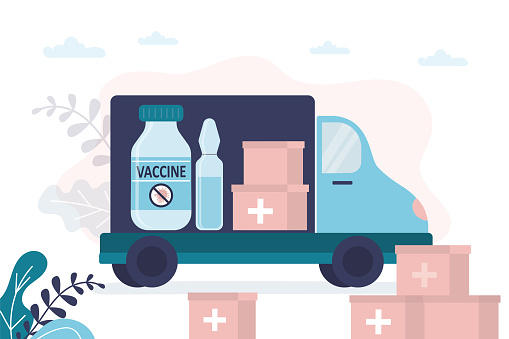 Truck full of medical supplies and cardboard boxes. Delivery of vaccines against coronavirus. Special transport for transporting antiviral drugs. Vaccine distribution by road. Flat vector illustration