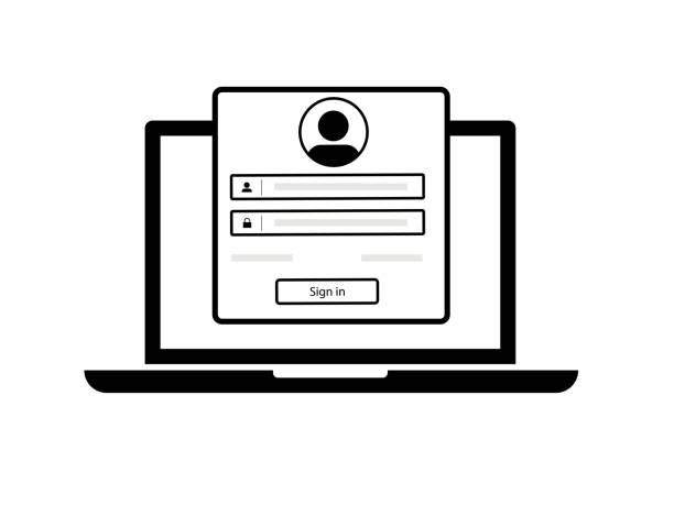 ilustrações, clipart, desenhos animados e ícones de laptop com página de formulário de login e senha na tela, autorização do usuário, conceito de página de autenticação de login - log on
