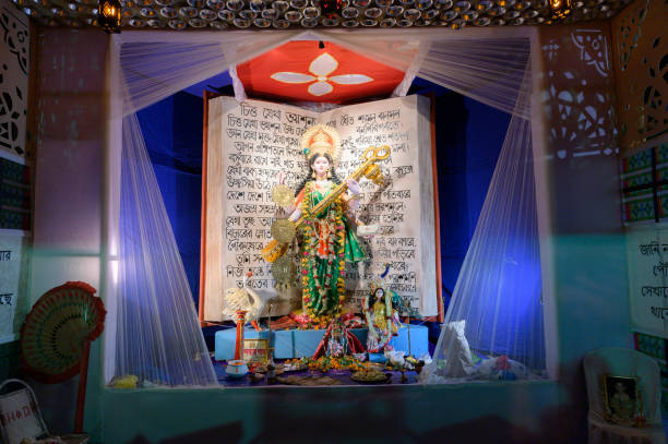 Goddess Saraswati being worshipped, Howrah, West Bengal. India stock photo