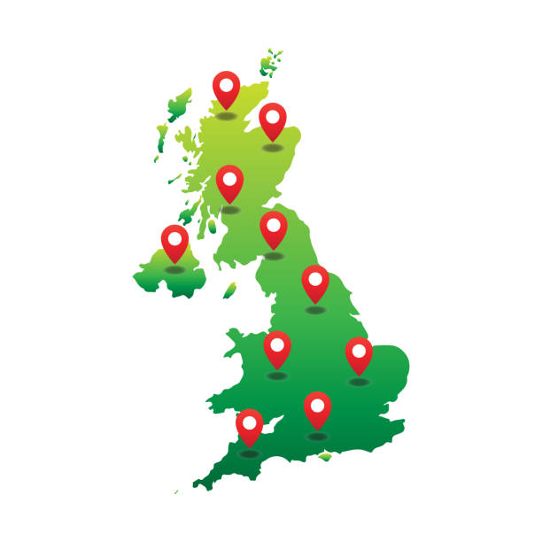 United Kingdom with pin location United Kingdom with pin location uk stock illustrations