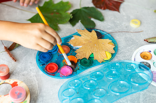 Child painting autumn leaves at home.