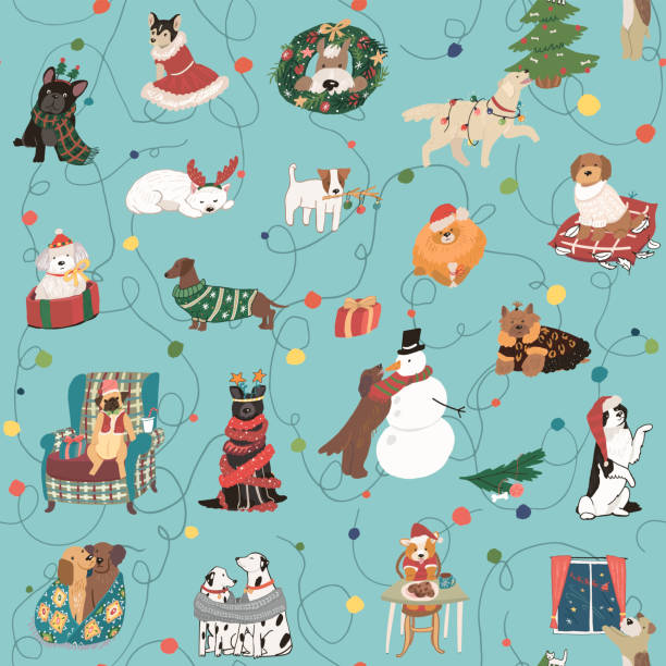 Christmas celebration with dog pets seamless vector pattern Christmas celebration with dog pets seamless vector pattern dog poodle pets cartoon stock illustrations