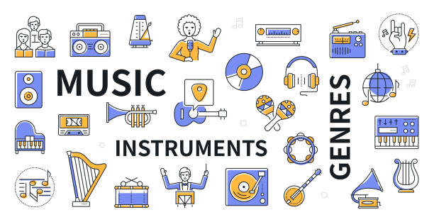 ilustraciones, imágenes clip art, dibujos animados e iconos de stock de instrumentos musicales y géneros - conjunto de iconos de diseño de línea - musical staff music piano blue