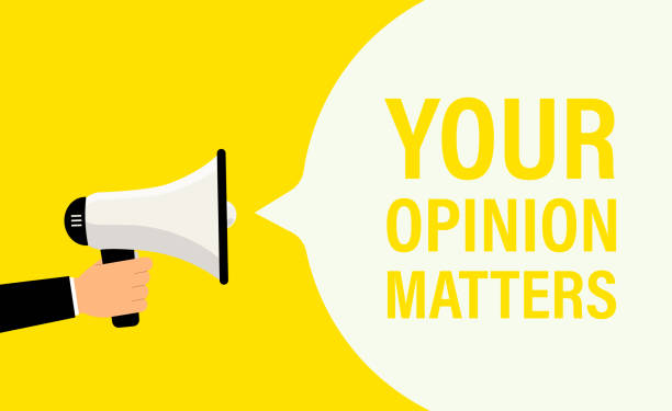 istock Male hand holding megaphone with Your opinion matters night speech bubble. Loudspeaker. Banner for business, marketing and advertising. Vector illustration 1343298196