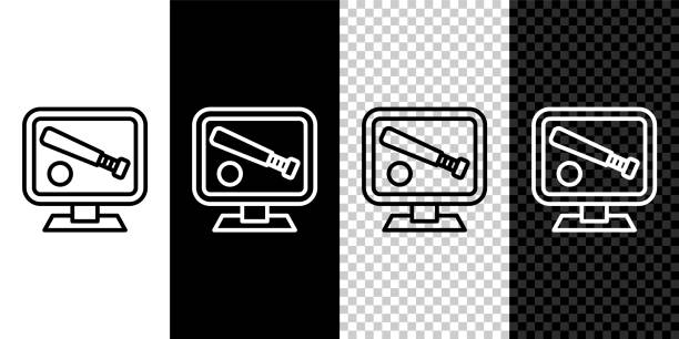 Set line Monitor with baseball ball and bat on the screen icon isolated on black and white, transparent background. Online baseball game. Vector Set line Monitor with baseball ball and bat on the screen icon isolated on black and white, transparent background. Online baseball game. Vector. baseball-scorecard stock illustrations