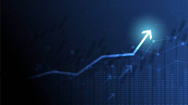 Financial chart with moving up arrow graph in stock market on blue colour background