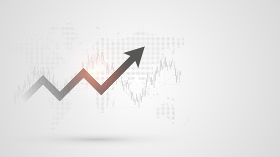 Moving up arrow with dollar sign on financial graph and world map in black and white color background