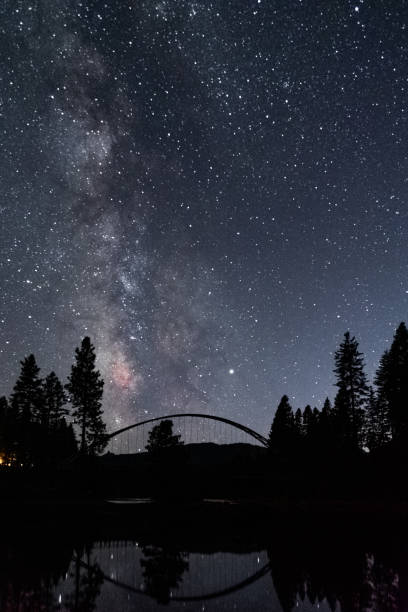 Milky Way over Lake Siskiyou Milky Way over Lake Siskiyou and a pedestrian bridge in Northern California USA siskiyou lake stock pictures, royalty-free photos & images