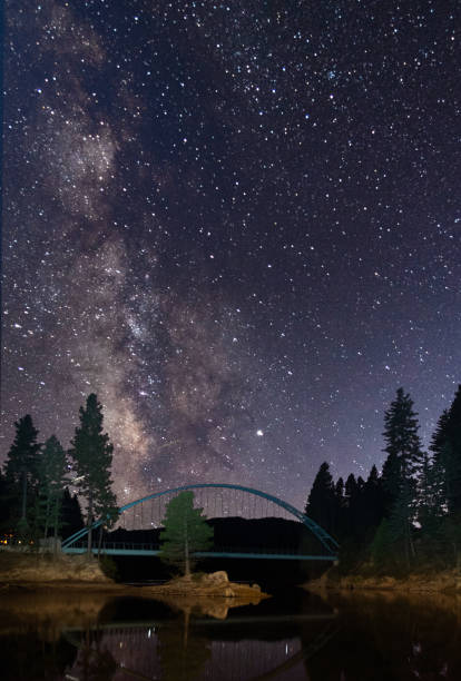 Milky Way over Lake Siskiyou Milky Way over Lake Siskiyou in Northern California USA.  Light painting used to show pedestrian bridge. siskiyou lake stock pictures, royalty-free photos & images