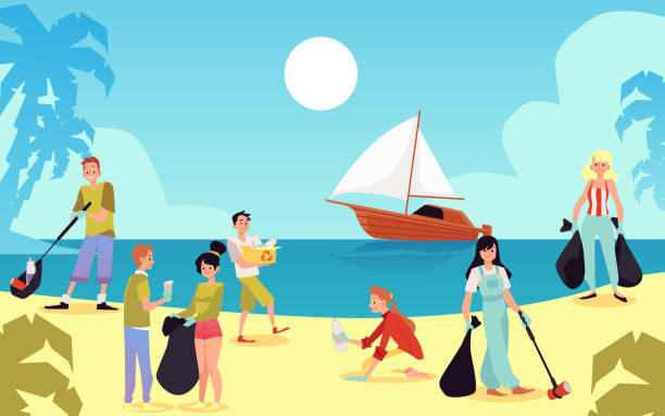 ilustrações, clipart, desenhos animados e ícones de voluntários colhendo lixo da praia na limpeza costeira, ilustração de vetores planos. - mulher catando lixo