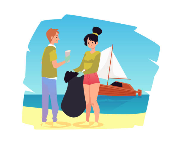 ilustrações, clipart, desenhos animados e ícones de proteção ambiental e limpeza da praia, ilustração de vetor plano isolado. - mulher catando lixo
