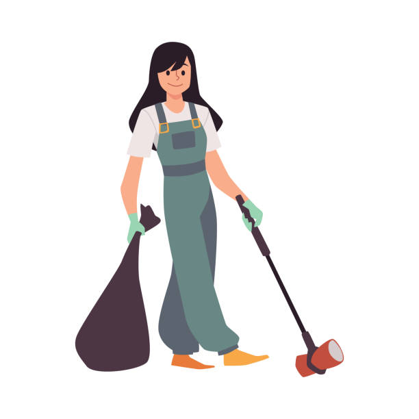ilustrações, clipart, desenhos animados e ícones de mulher voluntária colhendo lixo em saco, ilustração de vetor plano isolada. - mulher catando lixo