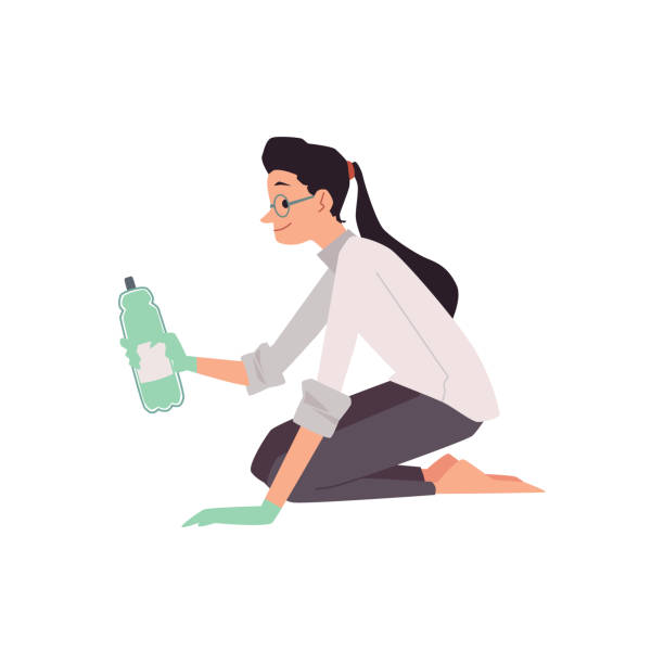 ilustrações, clipart, desenhos animados e ícones de eco voluntário escolhendo garrafa para reciclagem de ilustração de vetor plano isolado. - mulher catando lixo