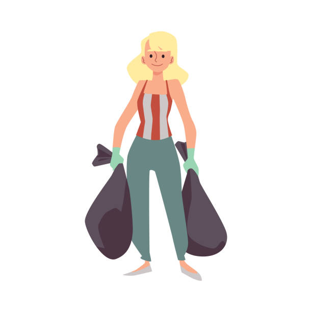 ilustrações, clipart, desenhos animados e ícones de jovem de luvas segurando sacos de lixo ilustração vetorial plana isolado. - mulher catando lixo