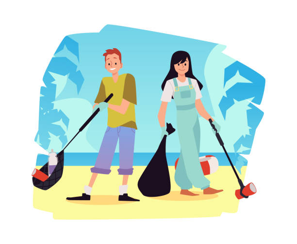 ilustrações, clipart, desenhos animados e ícones de faixa de limpeza costeira com voluntários na praia, ilustração de vetor plano. - mulher catando lixo