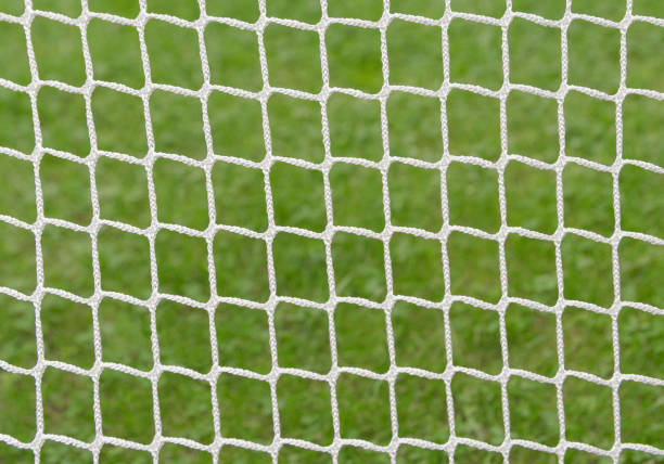 istock Football goal net texture on grass background 1343302698