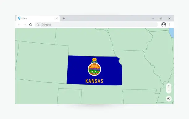 Vector illustration of Browser window with map of Kansas, searching  Kansas in internet.