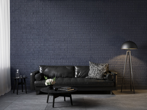 Dark blue interior with black leather sofa, coffe table, decor and brick wall. 3d render illustration mockup.