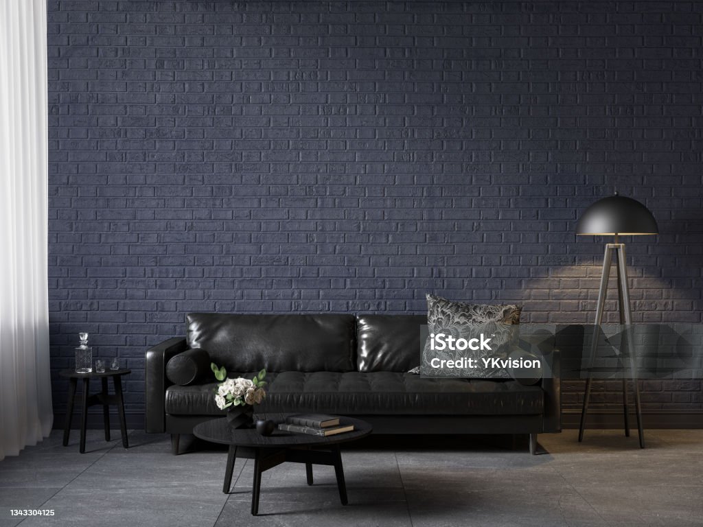 Dark blue interior with black leather sofa, coffe table, decor and brick wall. 3d render illustration mockup. Black Color Stock Photo