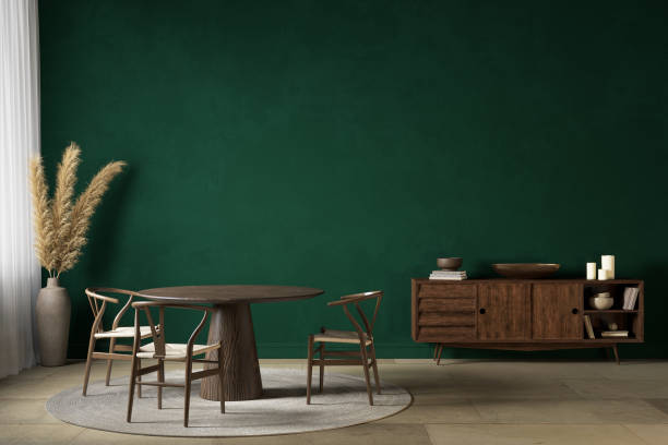 Dark green interior with dining table dreser and decor. 3d render illustration mockup.