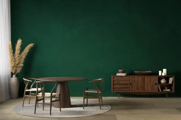 Photo of Dark green interior with dining table dreser and decor. 3d render illustration mockup.