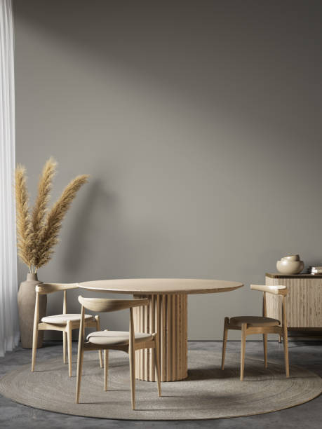 istock Gray interior with dining table, chairs and decor. 3d render illustration mockup. 1343304356