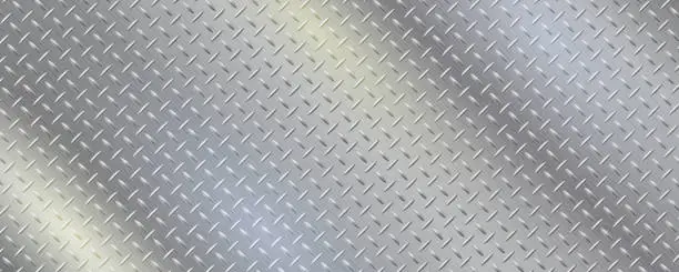 Vector illustration of Diamond pattern metal plate. Texture with reflective stainless steel. Gray iron gradient vector illustration.