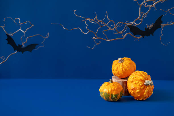 istock Three bright orange decorative pumpkins and creepy branches with black paper bats on deep blue background. Halloween mockup. Spooky holiday composition. Dark atmospheric photo. Copy space 1343305203