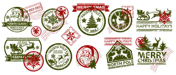 рождественская почтовая марка векторный набор иллюстраций, дизайн старинного почтового штемпеля санта-клауса, праздничная зимняя почта. - животное sleigh stock illustrations