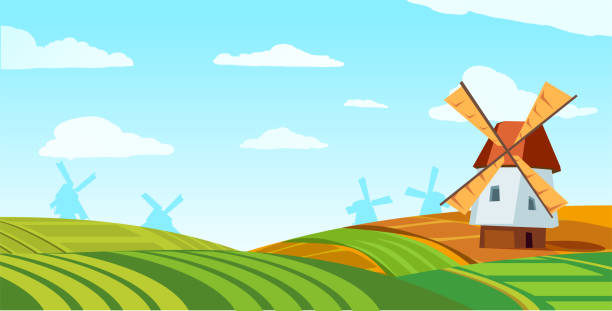 緑のフィールド上の古いオランダ風車とベクトル美しい自然農村風景 - windmill cultivated land crop day点のイラスト素材／クリップアート素材／マンガ素材／アイコン素材