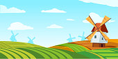 istock Vector beautiful nature rural landscape with old dutch windmill on green field 1343308266
