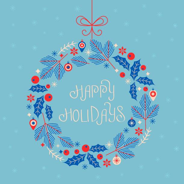 ÐÐ¾Ð±Ð¸Ð»ÑÐ½Ð¾Ðµ ÑÑÑÑÐ¾Ð¹ÑÑÐ²Ð¾ Merry Christmas and Happy Holidays greeting card. Christmas wreath made of branches of a Christmas tree, holly and balls in a linear style. vector illustration isolated happy holidays stock illustrations